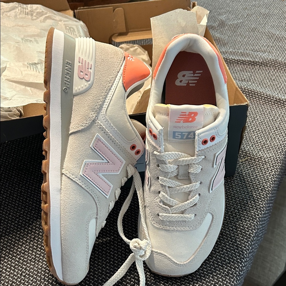 New Balance 574 Sneakers in White and Coral